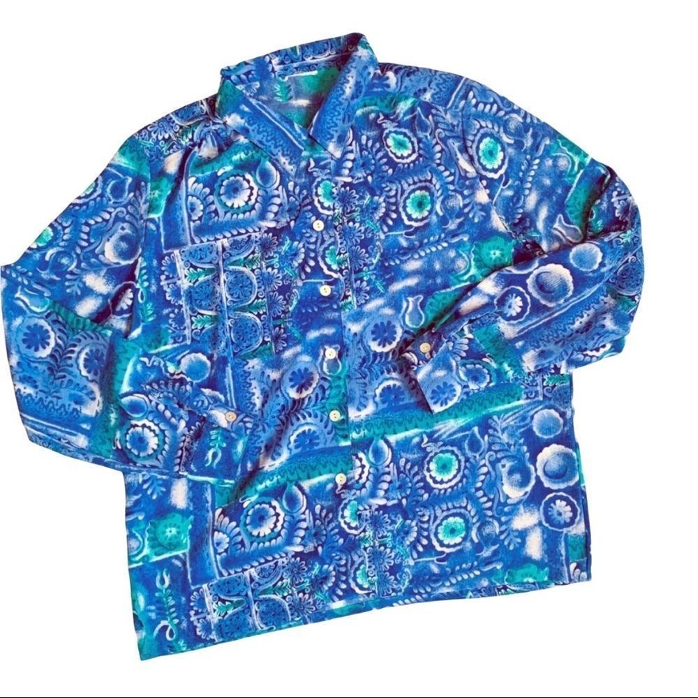 Blue Pattern Button Down Blouse